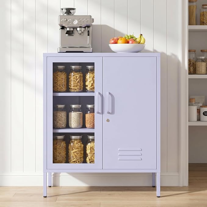 33" Tall Lockable Metal Storage Cabinet with Adjustable Shelves,2 Door Home Freestanding Locker Metal Pantry Cabinet for Living Room,Office,Dining Room,Purple Size: 33" H x 29.5" W x 13.8" D