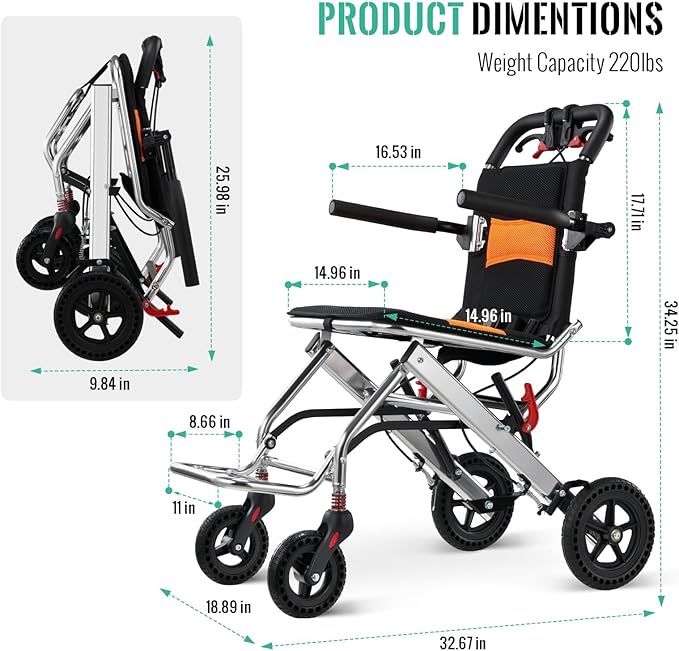 Ultra-Lightweight 19lbs Foldable Transport Wheelchair for Seniors - Portable Aluminum Travel Wheelchair with Carrying Bag, Supports 220lbs Capacity