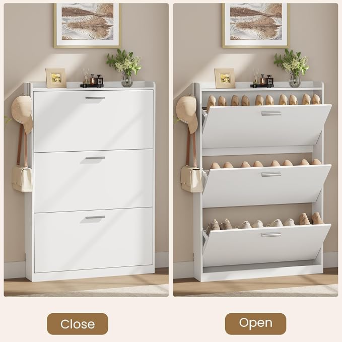 Shoe Cabinet Organizer with 3 Flip Drawers, Freestanding Shoe Rack Cabinet, 31.5" W × 6.3" D × 47.2" H Narrow Shoe Cabinet Storage for Entryway, Foyer, Hallway, White