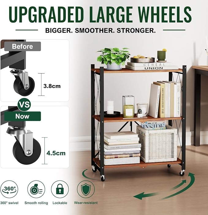 black leopard 3-Tier Foldable Shelf with Wheels, Wood-Grain Steel Shelves | Pre-assembled frame unfolds in seconds with tool-free wheel setup for fast, convenient use.