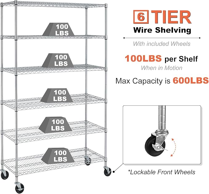 Heavy Duty 6 Tier Shelving Unit Adjustable 6000Lbs Capacity Steel Storage Rack 18" x 48 x 76 Mobile Shelves Wire Shelf Silver Rolling Utility Cart for Pantry Garage Kitchen, Chrome