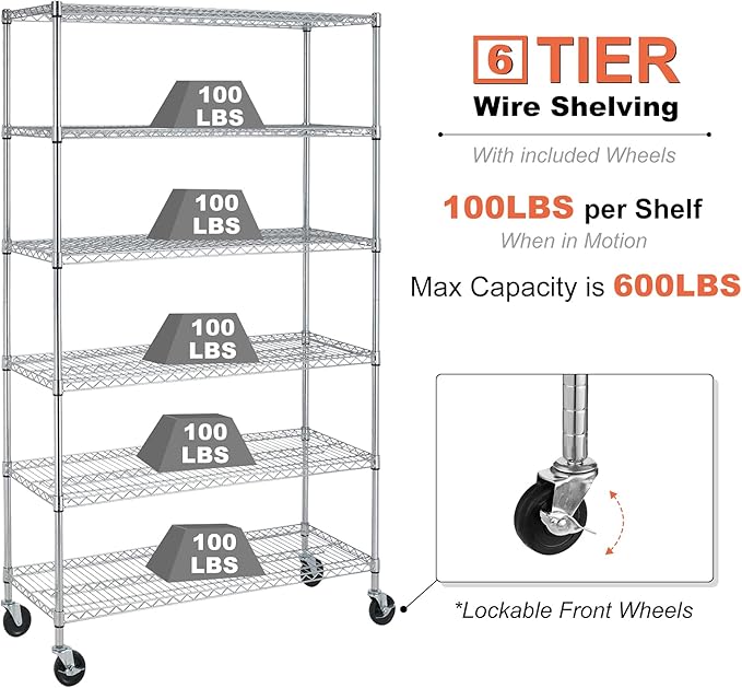 Meet perfect 6-Tier Wire Shelving Unit with Wheels, 72" H x 48" W x 18" D Heavy Duty Metal Shelf, 6000LBS Capacity Adjustable Utility Storage Rack for Garage Pantry Kitchen Warehouse