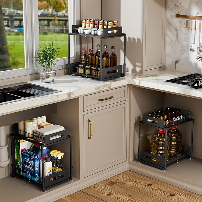 Under Sink Organizer and Storage, 2 Tier Pull Out Under Cabinet Organizer Shelf, Adjustable Height, Thickened Metal Slide Out Under Sink Storage for Kitchen Bathroom Cabinet