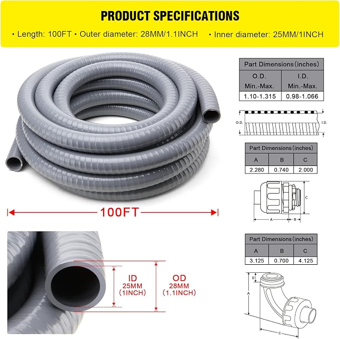 DWALE Liquid-Tight Conduit and Connector Kit,Flexible Non Metallic Liquid Tight Electrical Conduit,1inch100ft Electrical Conduit Kit,with5 Straight and3 Angle Fittings Included,1 in. Dia (100FT)