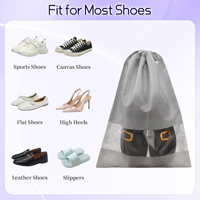 12 Pcs Portable Travel Shoe Bags, 17.3 x 12.6 Inches Waterproof Non-Woven Shoe Organizers Storage Bags, Large Drawstring Shoes Pouch Packing Organizers with Rope for Men, Women, Children (Grey)