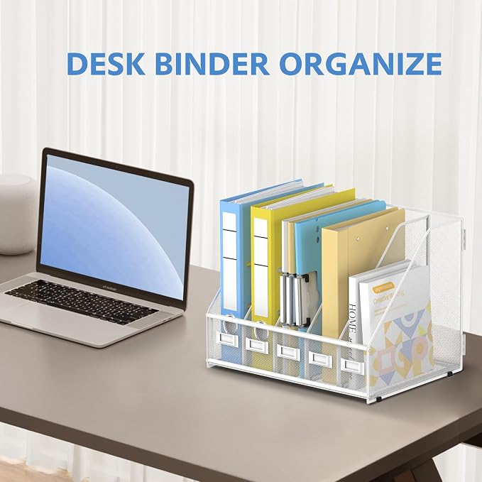 5 Vertical Compartments Magazine File Holder, Metal Binder Organizer, White | Space-Saving Desktop Storage, Built-In Label Holders, Anti-Slip Feet, Sized for Binders, Folders, Magazines and Files