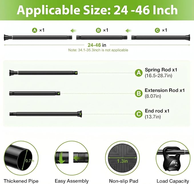 4Pcs Spring Tension Curtain Rod, Shower Curtain Rod 24-46 Inch, Spring Loaded Curtain Rod No Drilling, Adjustable Tension Rod for Windows Bedroom Bathroom Doorway Closet, Black