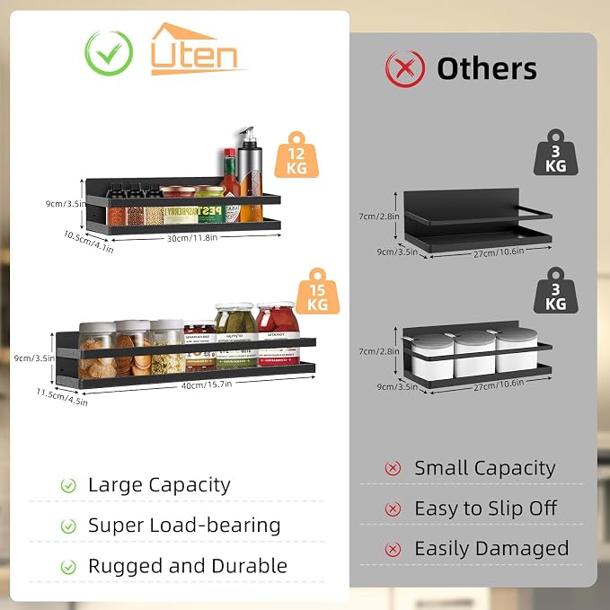 Uten Large Magnetic Spice Rack for Refrigerator 2 Pack, Fridge Organizer | Metal black magnetic Schelves, capacity of up to 23lbs, for washing machine, 16"*4.5" and 12"*4"