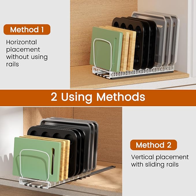 Housolution 2 Pack Baking Tray and Cookie Sheet Organizer, White | Sliding Rail Design, 10 Adjustable Dividers, 2 Installation Ways