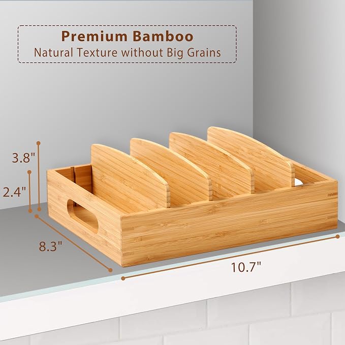 Umilife Bamboo Food Container Lid Organizer for Kitchen Cabinet and Drawer | Adjustable Slots - Premium Bamboo, Pretty Color - Sturdy Versatile Caddy for Snack, Spice - Anti-Skid Silicone Pads