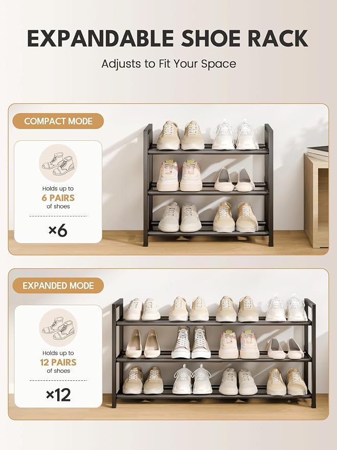 Bumusty 3-Tier Expandable Shoe Rack for Closet, 18“-33” Adjustable Shoe Rack for Small Space, Small Shoe Organizer for Front Door, Sturdy Metal, Black