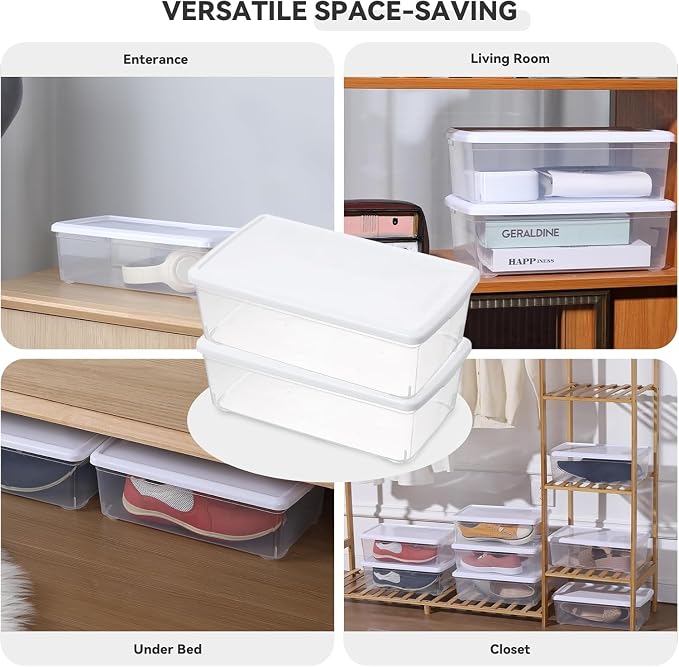 novelinks 12 Pack 6 Quart Clear Plastic Shoe Storage Bins with Lids(White) | Shoe Boxes Clear Plastic Stackable, Clear Shoe Storage Boxes, Shoe Containers, Shoe Bins, Craft Organizers and Storage