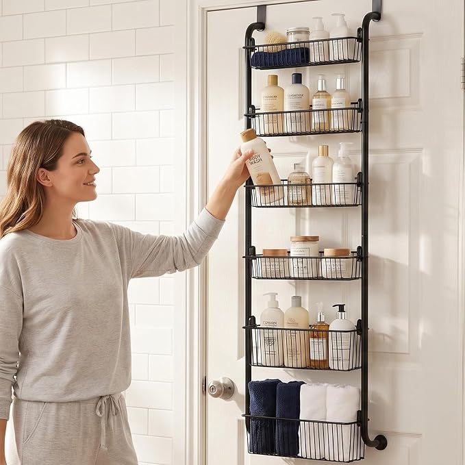 Purebox 6-Tier Over The Door Pantry Organizer & Spice Rack, Heavy-Duty Thickened Carbon Steel Frame with Deep Baskets & Anti-Shake Suction Cups for Kitchen Bathroom Laundry & Closet