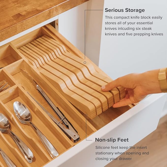 KitchenEdge In-Drawer Knife Block Holder, 11 Slots, Bamboo | Fits most knife sizes, rubber feet, food-safe finish