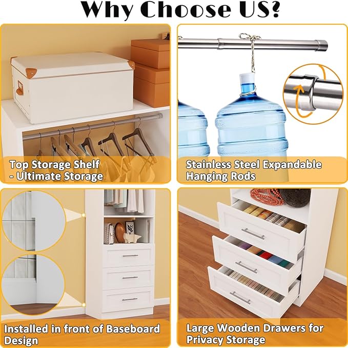 Closet System with 3 Drawers, 4FT-10FT Closet Organizer Systems with 5 Hanging Rods, Walk in Closet Freestanding Corner Closet System Modular Closet System 2 Sets White (4FT)