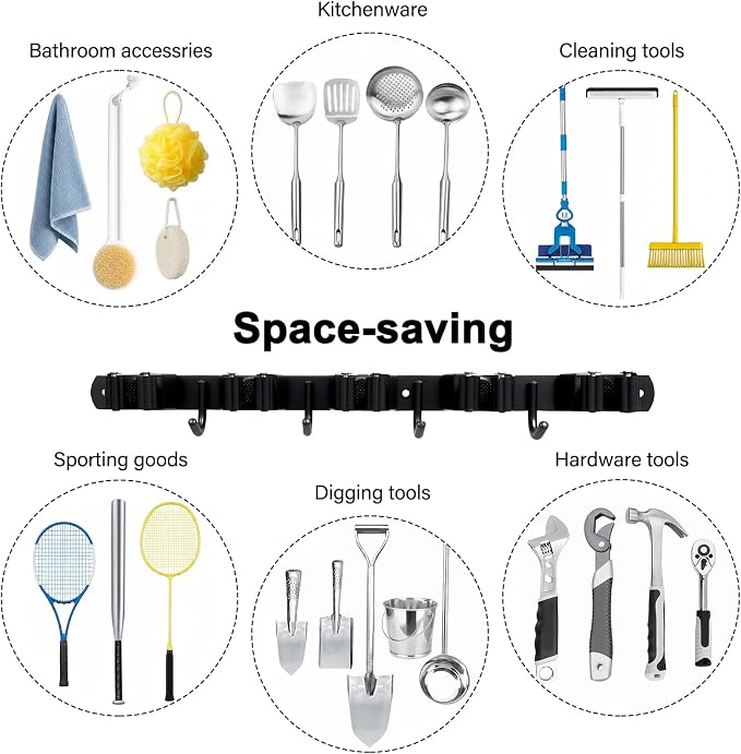 2 Packs SUS304 Heavy Duty Mop and Broom Holder Wall Mount | 5 Racks and 4 Hooks Broom Organizer Storage Tool Racks, Self Adhesive Solid Non-slip for Home Kitchen Garden Laundry Garage