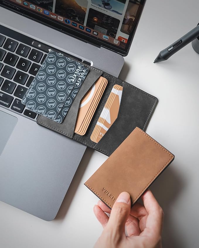 VULKIT Leather Business Card Holder 2 Sided Slim Business Name Card Organizer for Men or Women (Yangba Grey)