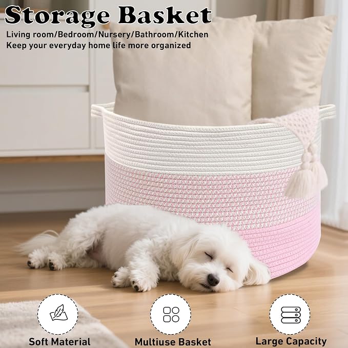 65L Large Blanket Basket,Woven Rope Laundry Basket Hamper with Handles,Decorative Nursery Basket Storage Bin for Toys, Pillows, Clothes Organizer, Living Room, Bedroom, Bathroom, Pink