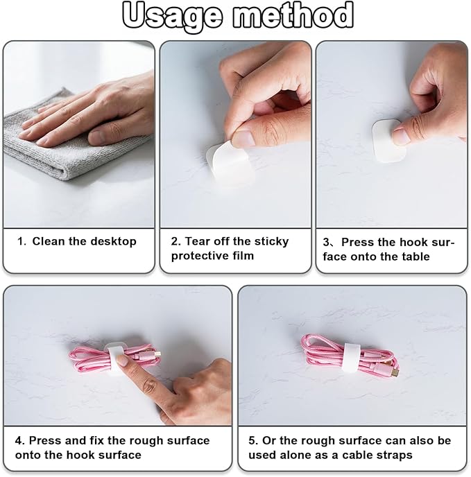Cable Management Under Desk,Detachable Cable Management,Adjustable Hook and Loop Cable Ties,Reusable Cable Management Under Desk,Cable Clips Under Desk,20Pack(White)