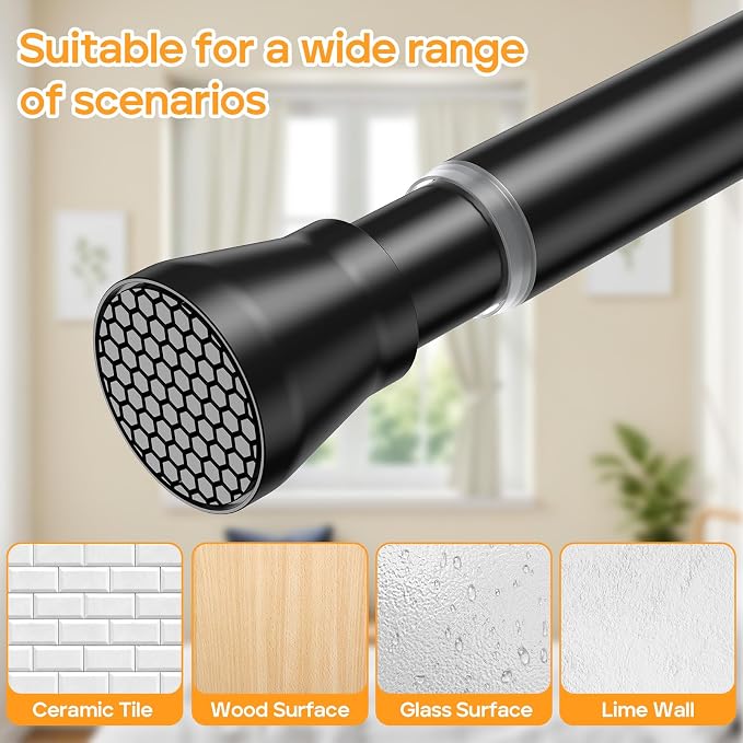 1pcs Black Tension Curtain Rod 45 to 77 Inch, No Slip Tension Rod Spring Rod Adjustable Curtain Rods Spring Curtain Rod No Drill Springs Tensions Rod for Closet