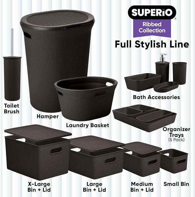 Decorative Plastic Basket Lidded Home Storage Bins Organizer Baskets, Large Brown (1 Pack - 15 Liter) Stackable Container Box, for Organizing Closet Storage Bins for Shelves - Ribbed Collection