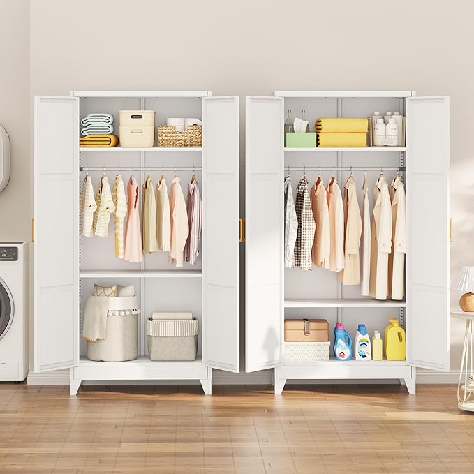 INTERGREAT 71” H Metal Wardrobe Cabinets with 2 Doors, Large Clothing Storage Cabinets with Hanging Rod and Adjustable Shelves, Closet for Home Living/Laundry Room/Department (White)