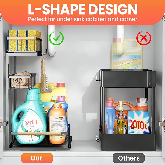 Under Sink Organizer and Storage for Bathroom and Kitchen - 1 Pack 3 Tier Under Cabinet Pull Out Shelf Organizers - Slide Out Drawer Organization for Home Cabinets Shelves and Drawers