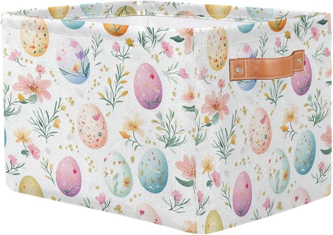 Cube Storage Bins for Shelves, Easter Eggs Flower Print Collapsible Fabric Toys Storage Basket Box with Handles for Home Office Bedroom Closet