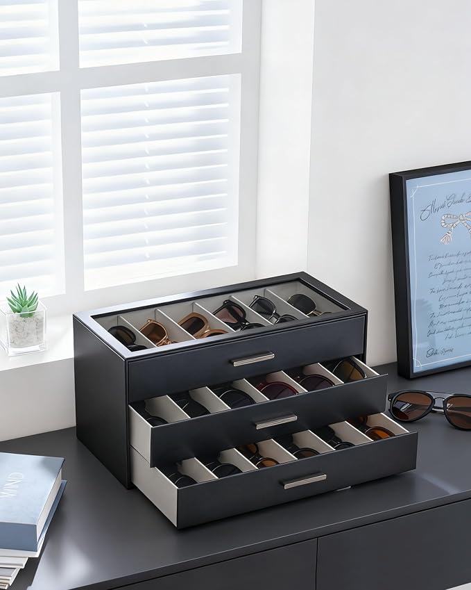 Lolalet Sunglasses Storage Box for Women, Eyewear Eye Glass Organizer with Clear Top Display Holder Case