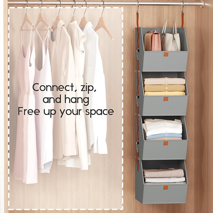 Homsorout Hanging Closet Organizer 4 Tier - Clothes Hanging Shelves, Space-Saving Closet System, Fabric Storage Bins Bedroom Organization, Collapsible Baskets for Home, Dorm, Rv, Grey, 8 Pack