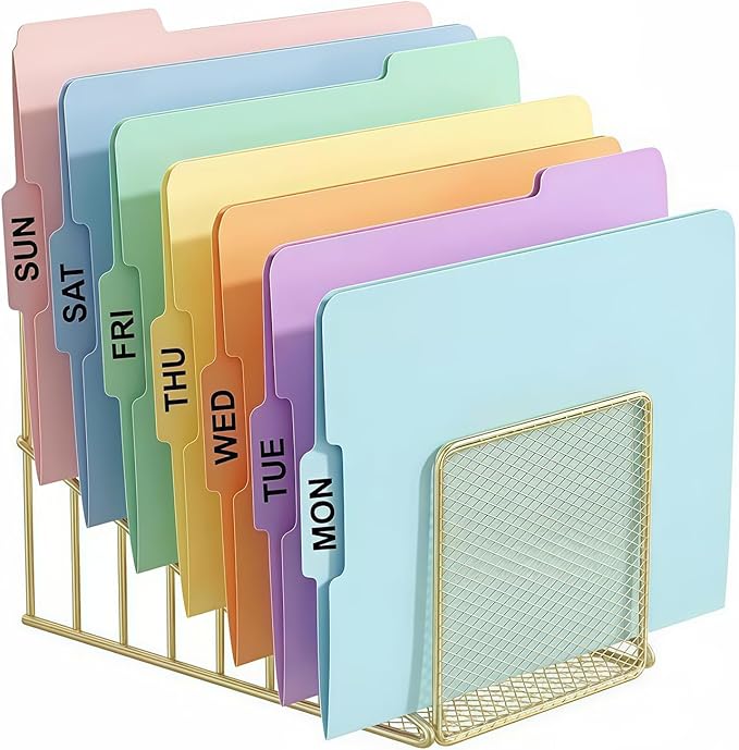 Simmer Stone Gold Desk Organizer 7 Slot Inclined Vertical File Folder Holder Sorter with Mesh Front Metal Wire Rack for Mail, Slim Binders, Books Office Organization Desktop Accessories