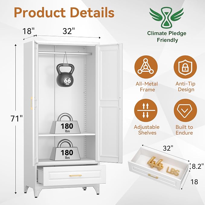 Polup Metal Wardrobe Closet with Doors and Shelves, 71" Tall Steel Armoire with Hanging Rod & Storage Drawer, Sturdy Freestanding Clothes Organizer for Bedroom, Office, Laundry Room, White