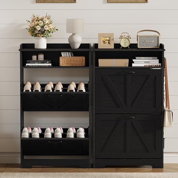Shoe Cabinet Organizer with 2 Flip Drawers, Farmhouse Narrow Shoe Storage Cabinet with 2 Adjustable Shelves & 2 Hooks, 23.6"W x 8.7"D x 41.8"H Shoe Rack for Entryway, Foyer, Hallway, Black
