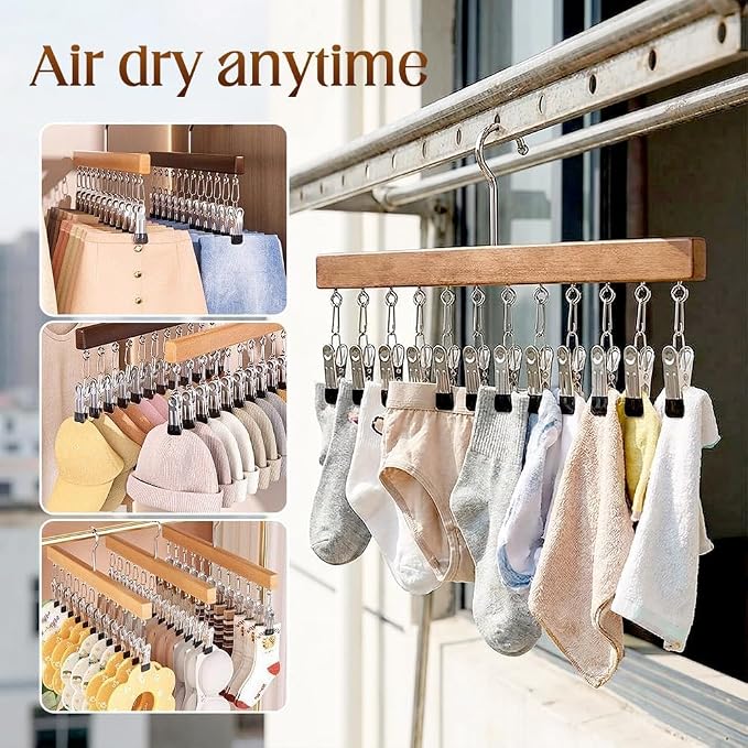 10/12-Clip Wooden Hanging Organizer, Sturdy Rack for Pants, Leggings, Socks, Hats, Scarves, Multi-Purpose Closet Storage for Home Use (2, Retro 10clip)