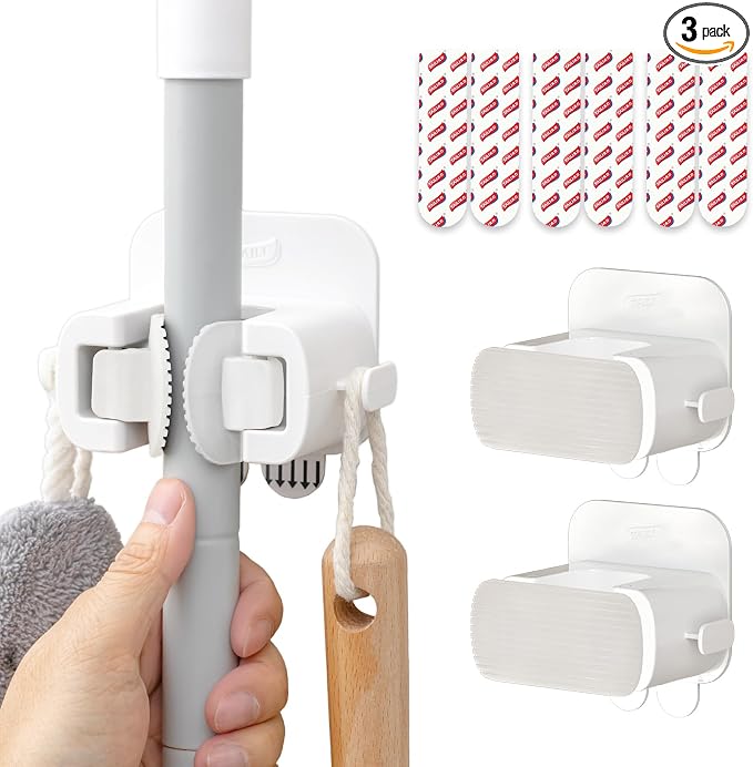 TAILI Mop and Broom Holder Wall Mount Grippers, 3 Hangers and 8 Adhesive Strips, Damage Free Hanging Wall Mount, Household Cleaning Organizer for Organization and Storage, Holds up to 4 lbs, White
