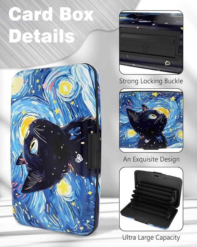 Maicican Credit Card Holder, Mini RFID Blocking Aluminum Wallet | Slim Metal Hard Case Travel Wallet ID Case for Women and Men, 4.3 x 2.9 Inches, Starry Sky and Black Cat