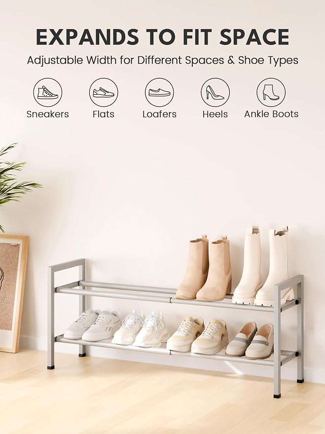 Bumusty 2 Tier Expandable Shoe Rack for Closet, 18“-33” Adjustable Shoe Rack for Small Space, Small Shoe Organizer for Front Door, Sturdy Metal, Light Grey