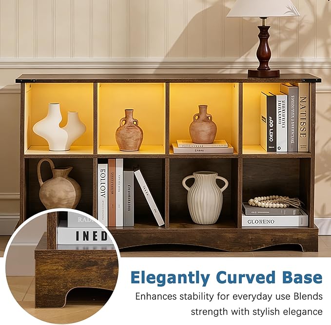 8 Cube Storage Organizer Bookcase, Long Horizontal Wood Bookshelf with Open Compartments, Multi-Purpose Cube Shelf, Hallway TV Stand for Living Room, Bedroom, Entryway, Brown