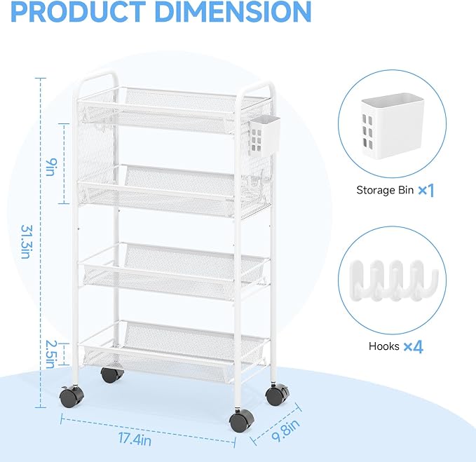 4 Tier Metal Rolling Utility Cart - Heavy Duty Storage Trolley with Pegboard, 4 Hooks & 1 Bin, Mobile Organizer Shelves for Bathroom Kitchen Office Craft Room Laundry