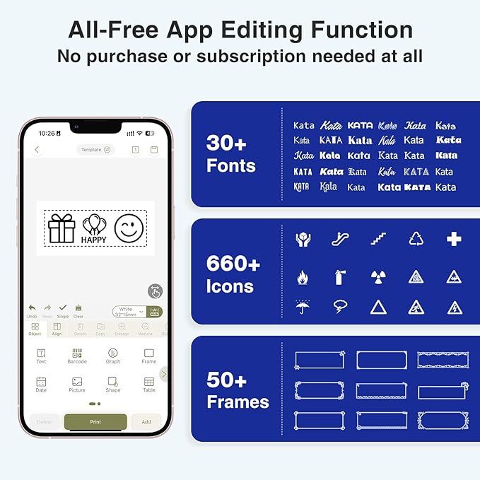 SUPVAN E11 Keyboard & Bluetooth Label Maker Machine with 4 Tapes, Black | Rechargeable, Versatile App with 30+ Fonts and 660+ Icons, Minimal Margin, Inkless, for School, Home, Kitchen, Office