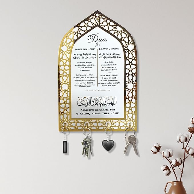 Islamic Wall Art, Acrylic Wood Wall Hanging Organizer with Hooks, Ramadan Mubarak Eid Mubarak Decor, Crescent Moon Key Holder, Islamic Home Decor for Entryway, Ramadan Eid Gifts for Women, Gold-White