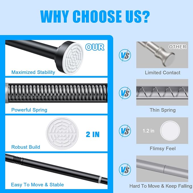 TEECK 2 Pack Shower Curtain Rod, 32-43 inch Adjustable Spring Tension Curtain Rod, Never Rust Anti-Slip Shower Curtain Rod for Bathroom, No Drilling, Never Collapse, Easy to Use, Black