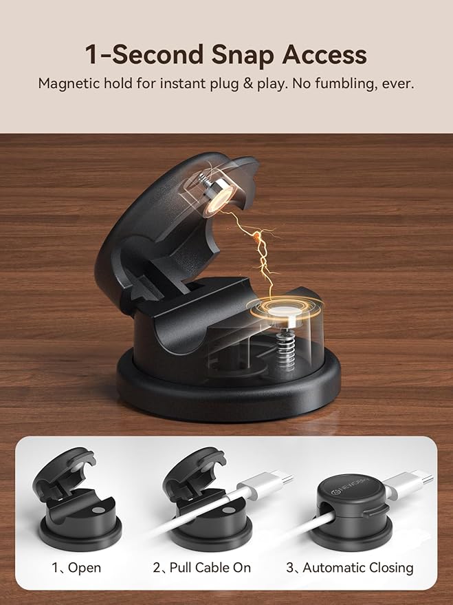 NEWDERY 360° Swivel Magnetic Cable Organizer - 10 Pack Rotatable Cable Clips for Office Desk Accessories - Magnetic Cord Holder for Nightstand Organization, Charger Holder for Car & Gaming Setup-Black
