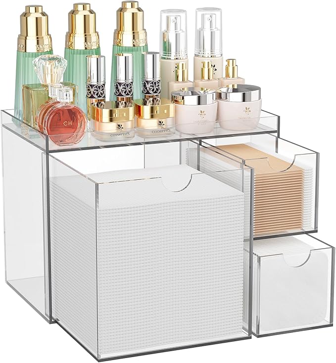Youdepot Clear Acrylic Face Towel Holder with 3 Drawers | Disposable Face Towel Organizer for XL Facial Towels, Cotton Pads, Swabs, Skincare Tools, Bathroom Vanity Countertop, Storage