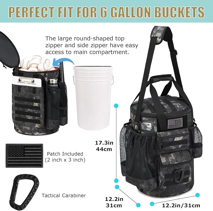 Baseball Bucket Bag Baseball Coaching Accessories Organizer Tactical Style Softball Bucket Bag with Anti-Slip Bottom, Multiple Pockets for Bat, Gloves, Scoreboards