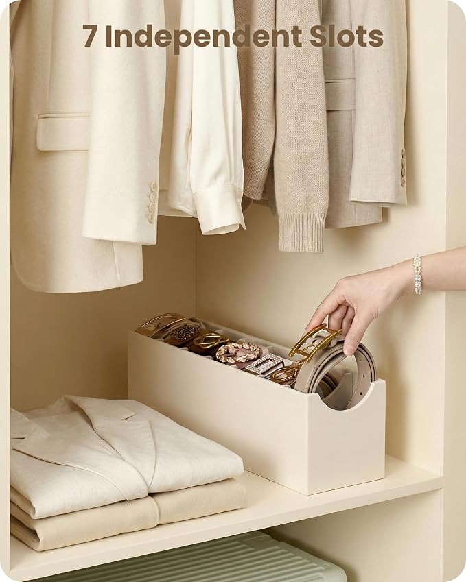 Lolalet Belt Organizer for Closet, Belt Box & Storage Drawer -Cream | PU Leather Belt Holder with 7 Extra-Wide Compartments, Soft Lining, Fits Entryway Cabinet, for Women, 2 Pack