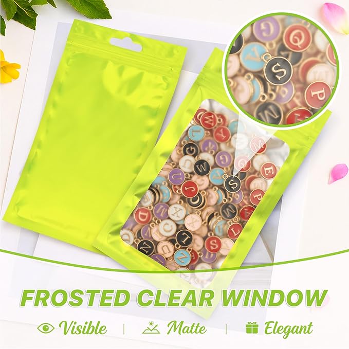 100 PCS Resealable Mylar Bags with Zipper and Frosted Clear Window Smell Proof Packaging Bags Foil Pouch Zipper Bag for Food Self Sealing Storage Supplies (Green, 5.12x8.27)