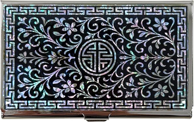 Mother of Pearl Business Card Case Credit Id Name Holder Travel Wallet Art Painting Design Metal Stainless Steel Engraved Slim Purse Pocket Cash Money Wallet (N_Arabesque)