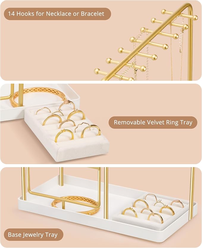 ProCase Jewelry Stand Holder Organizer and Storage, Gold, Large | Rotating Earring Bracelet Holder Storage, Hanging Jewelry Display Velvet Ring Tray, Teen Girls Birthday Gifts Room Dorm Decor