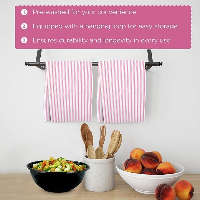 Set of 6 Kitchen Towels, 100% Cotton Dish Towels, with Hanging Loop, Dishcloth Sets for Washing & Drying Dishes, Tea Towels & Hand Towels 18x28, French Stripe, Pink